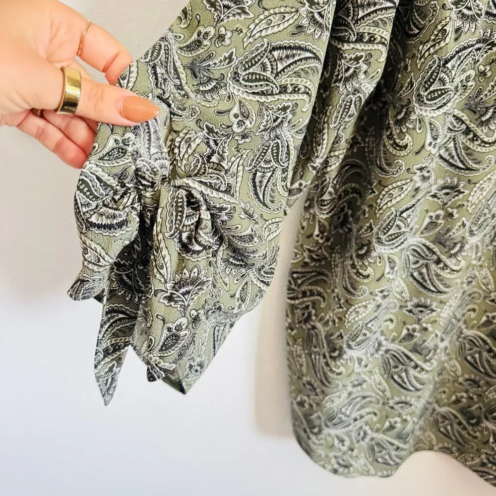 MICHAEL KORS Sage Green White Pasiley Tie Sleeve Tunic $120 Blouse Top Shirt 2X